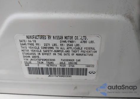 2016 Infiniti Q50 2.0T Base/2.0T Premium z USA, uszkodzony, nr VIN JN1CV7AP9GM203090